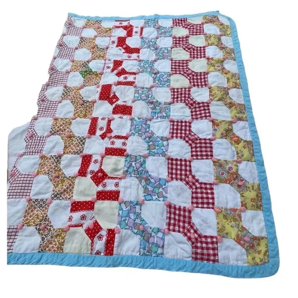 Vintage patchwork with Pom Pom baby blanket 35”X 52”